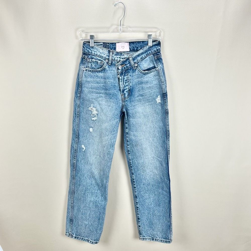 Revice Distressed Assymetrcal Waist Straight Leg Jeans Size 25